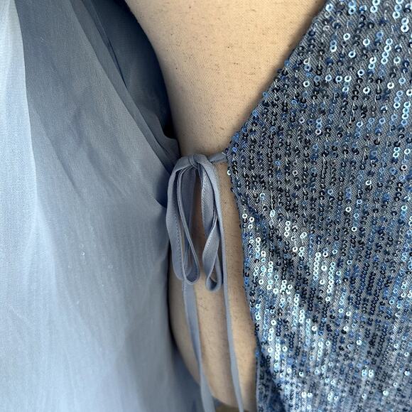 NWT Mable Baby Blue Sequin Wrap Dress Sz S Long Bell Sleeves Party Event - Picture 3 of 9